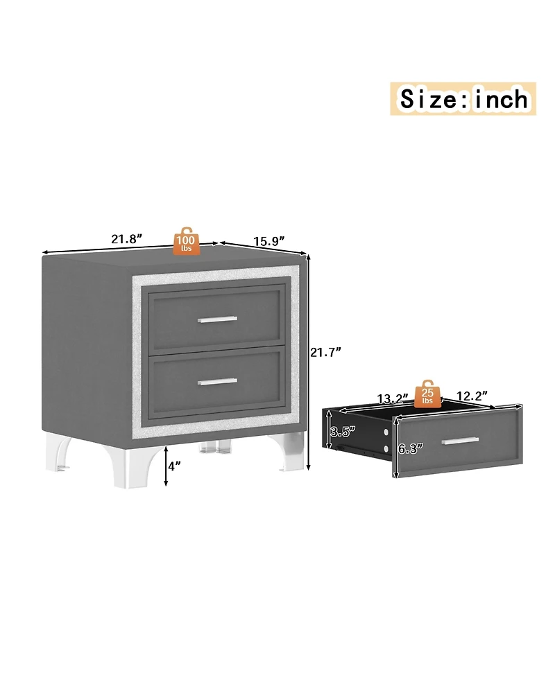 sumyeg Mid Century Vintage Nightstand with 2 Drawers, Silver Glitter Strip and Metal Legs