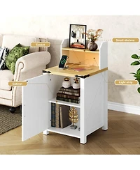sumyeg Nightstand with Charging Station, 18" Farmhouse End Table with Barn Door and Adjustable Shelf