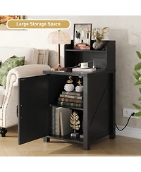 sumyeg Nightstand with Charging Station, 18" Farmhouse End Table Barn Door and Adjustable Shelf