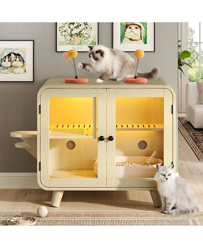 6thdruple Cat Pet House with Rgb Led Light, Glass Doors, Stairs, Hidden Litter Box Cabinet