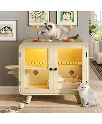 6thdruple Cat Pet House with Rgb Led Light, Glass Doors, Stairs, Hidden Litter Box Cabinet