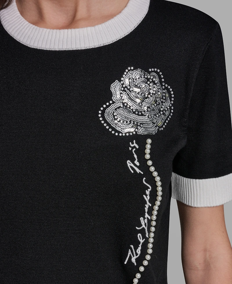 Karl Lagerfeld Paris Women's Rose Detail Crewneck Sweater