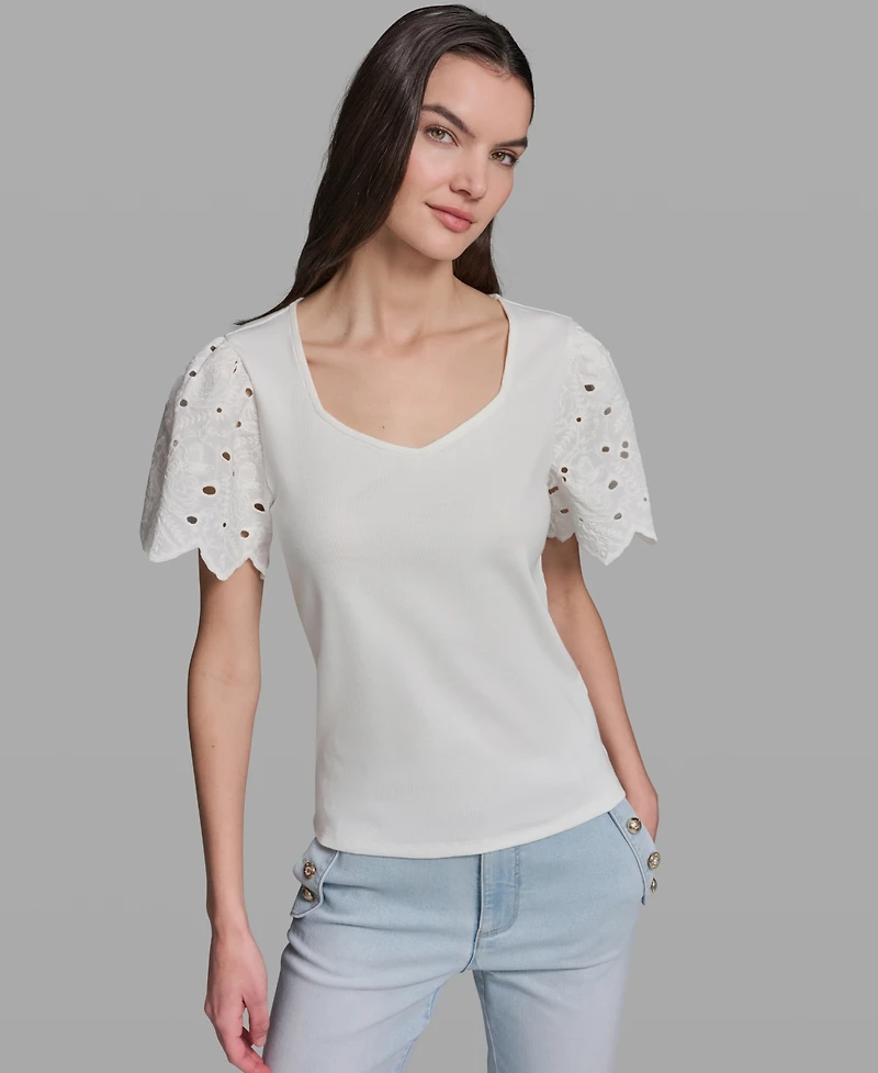 Karl Lagerfeld Paris Women's Eyelet Mix Media V-Neck Top