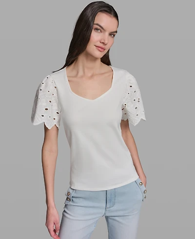 Karl Lagerfeld Paris Women's Eyelet Mix Media V-Neck Top