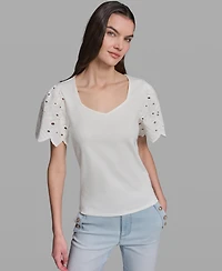 Karl Lagerfeld Paris Women's Eyelet Mix Media V-Neck Top