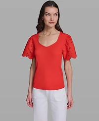 Karl Lagerfeld Paris Women's Eyelet Mix Media V-Neck Top