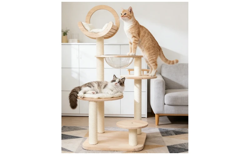 Zeus & Ruta 4 in 1 Wooden Cat Activity Center with Cozy Capsule Nest, Climbers and Scratcher for Indoor Kittens