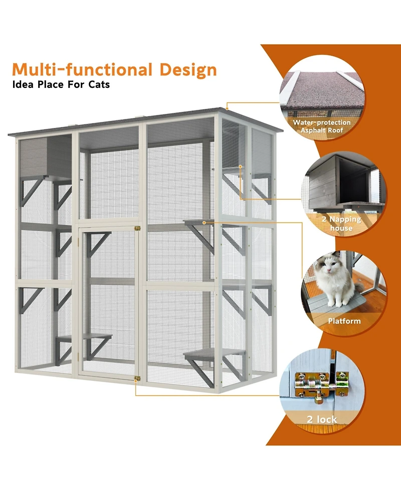 Zeus & Ruta Outdoor Weatherproof Cat Enclosure with Asphalt Roof 6 Platforms 2 Boxes Solid Wood Kennel Condo Playpen