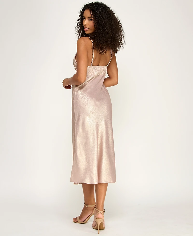 Katia Rae Juniors' Lace Trim Hammered-Satin Slip Dress