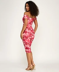 Katia Rae Juniors' Printed Off-The-Shoulder Corset Ruched Midi Dress