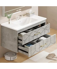 homfan Bathroom Cabinet with Sink Combo, Floating Vanity Ceramic Basin, 2 Large Drawers Gold Handle, Soft-Close Design