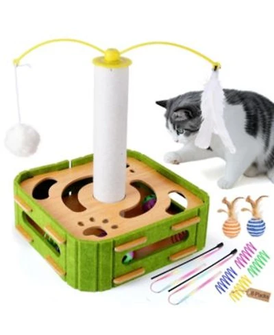 Aronkl Interactive Cat Puzzle Feeder Wooden Toy Set with Jingle Balls Wands Spiral Springs for Indoor Cats