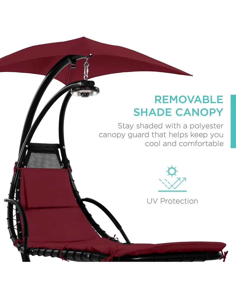 Best Choice Products Hanging Led-Lit Curved Chaise Lounge Chair for Backyard, Patio w/ Pillow, Canopy, Stand