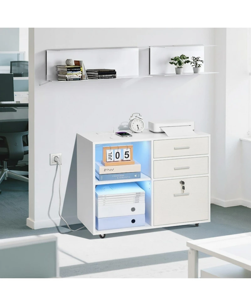 Gouun 3 Drawer Wooden File Cabinet, Mobile Filing Cabinet with Light Strip, Lockable Rolling File Storage with Adjustable Shelves and 5 Wheels, Free