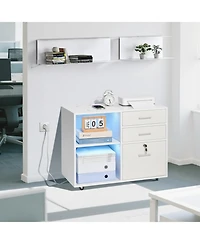 Gouun 3 Drawer Wooden File Cabinet, Mobile Filing Cabinet with Light Strip, Lockable Rolling File Storage with Adjustable Shelves and 5 Wheels, Free