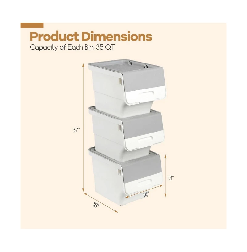 Gouun 3 Pieces Storage Bins on Wheels Stackable Plastic Boxes with Stay-Open Lid Medium