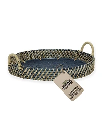 Wicker Village Round Rattan Serving Tray with Handles | Handmade Woven Cane Basket for Coffee Table Large 18x18 Navy Blue