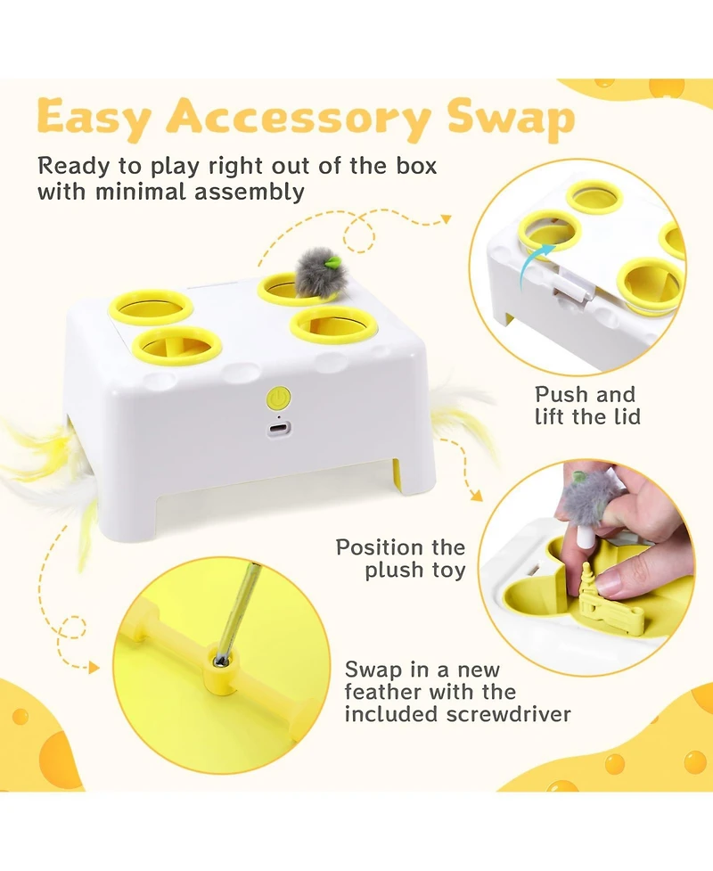 Aronkl Cheese Box Interactive Cat Toy 3-in-1 Whack A Mole 3 Modes Rechargeable Auto 4 Holes Accessories