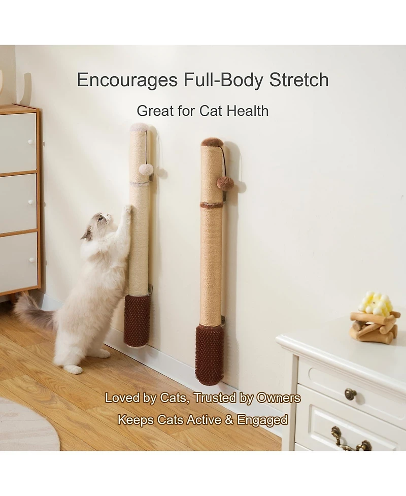 Aronkl Wall Mounted Cat Scratcher 35" Extra-Tall Vertical Sisal Large Cats Space-Saving Hanging Ball Cactus Design