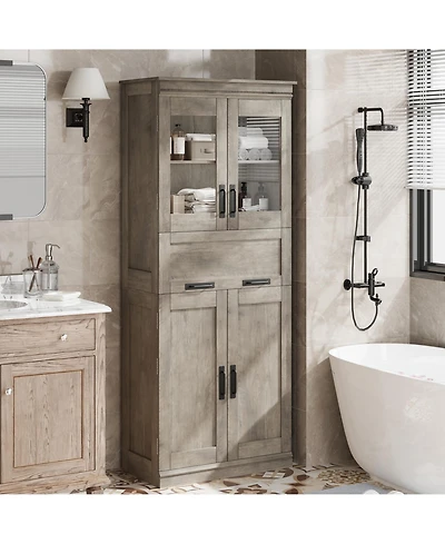homfan 67" Tall Bathroom Storage Cabinet with 4 Doors, Flip Glass Drawer, Adjustable Shelves, Freestanding Organizer