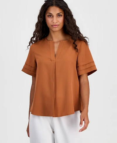 Anne Klein Essentials Petite Pleated-Sleeve Split-Neck Top