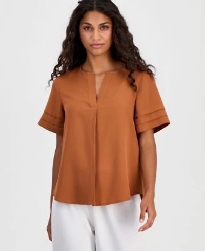 Anne Klein Essentials Petite Pleated Sleeve Split Neck Top
