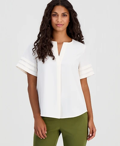 Anne Klein Essentials Petite Pleated-Sleeve Split-Neck Top