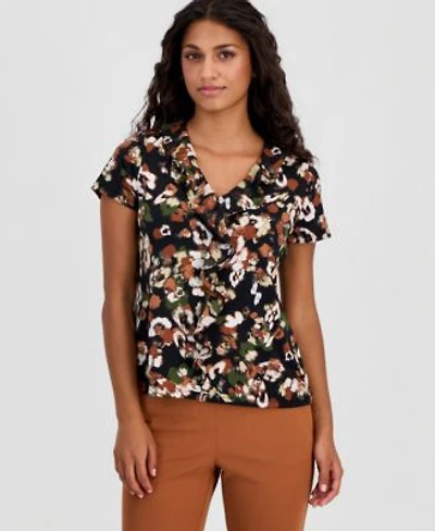 Anne Klein Essentials Womens Printed Ruffle Trim Short Sleeve Top