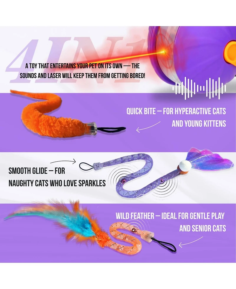 Aronkl Automatic 4in1 Interactive Cat Toy Rechargeable with 3 Tails Laser Motion Activated for Indoor Cats Kittens Adults