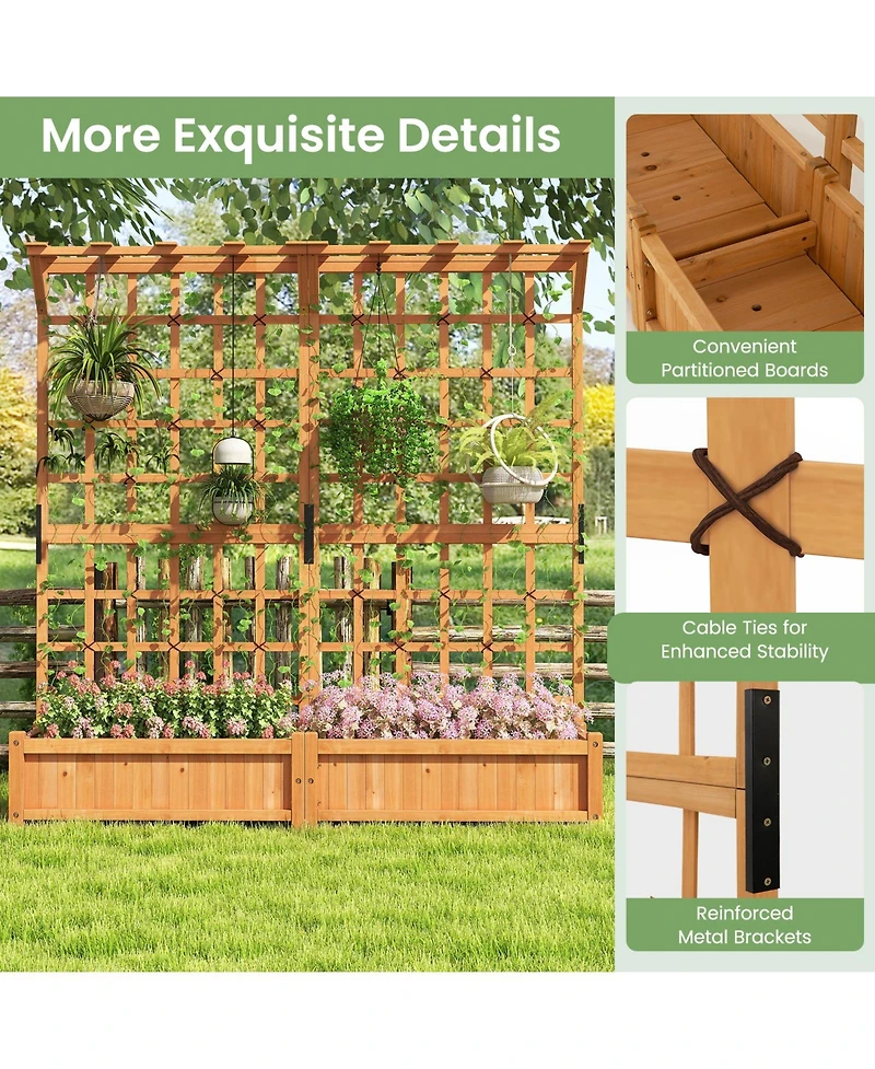 Gouun 71 in Wooden Planter with Trellis and Hanging Roof, 3-in-1 Fir Wood Garden Station