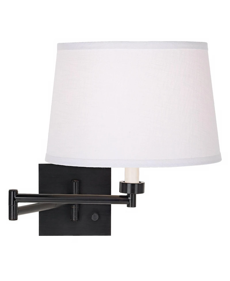 Franklin Iron Works Modern Swing Arm Wall Lamp Espresso Plug-In Light Fixture Linen Drum Shade for Bedroom Bedside Reading