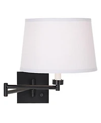 Franklin Iron Works Modern Swing Arm Wall Lamp Espresso Plug-In Light Fixture Linen Drum Shade for Bedroom Bedside Reading