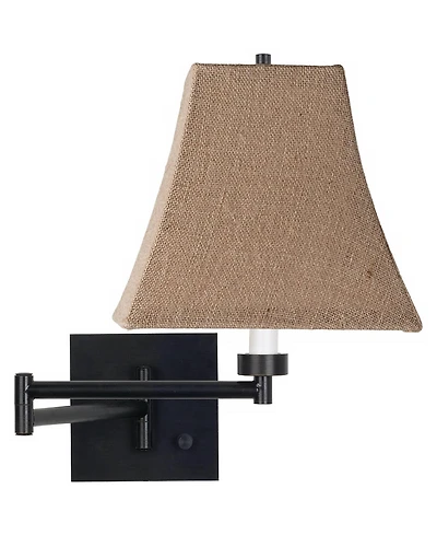 Franklin Iron Works Modern Swing Arm Wall Lamp Espresso Plug-In Light Fixture Natural Burlap Square Shade Bedroom Bedside Reading
