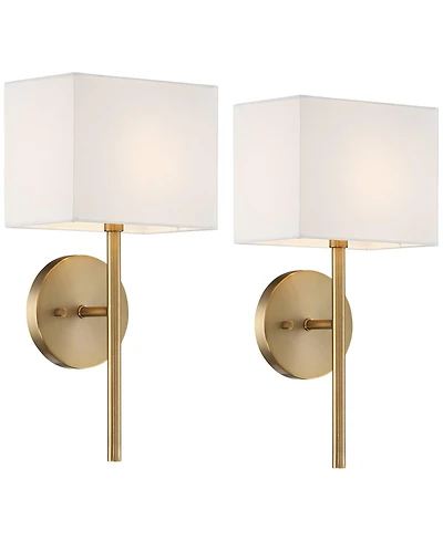 Possini Euro Design Modern Wall Light Sconces Set of 2 Warm Brass Hardwired 8" Fixture Linen Shade for Bedroom Living Room