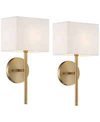 Possini Euro Design Modern Wall Light Sconces Set of 2 Warm Brass Hardwired 8" Fixture Linen Shade for Bedroom Living Room