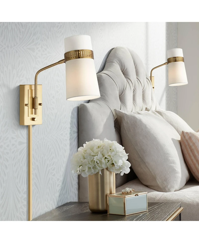 Possini Euro Design Cartwright Modern Wall Lamp Set of 2 Brass Plug-In 6" Fixture Swing Arm Linen Cylinder Shade for Bedroom