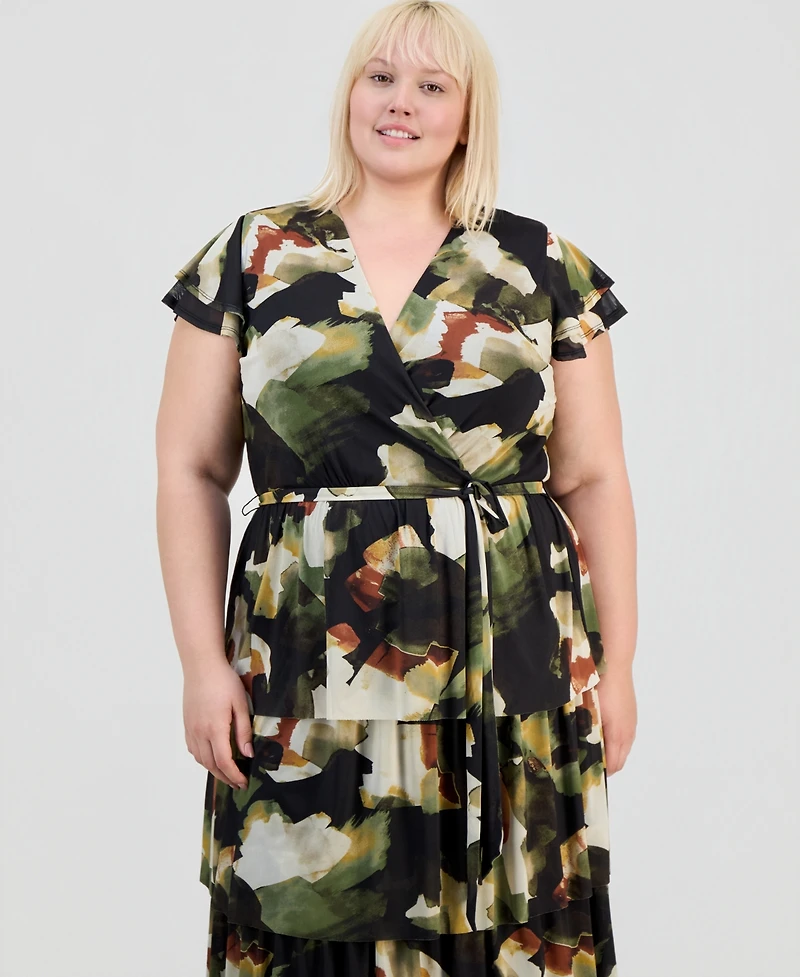 Anne Klein Plus Printed Tiered V-Neck Midi Dress