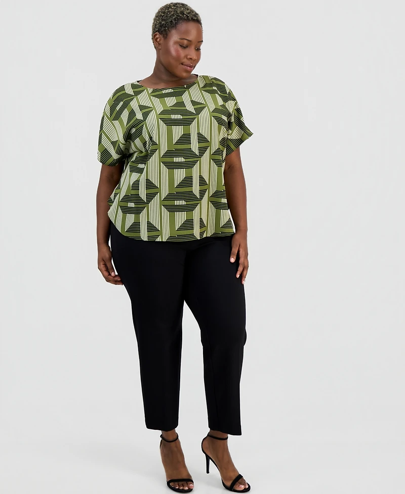 Anne Klein Plus Printed Boat-Neck Short-Sleeve Top