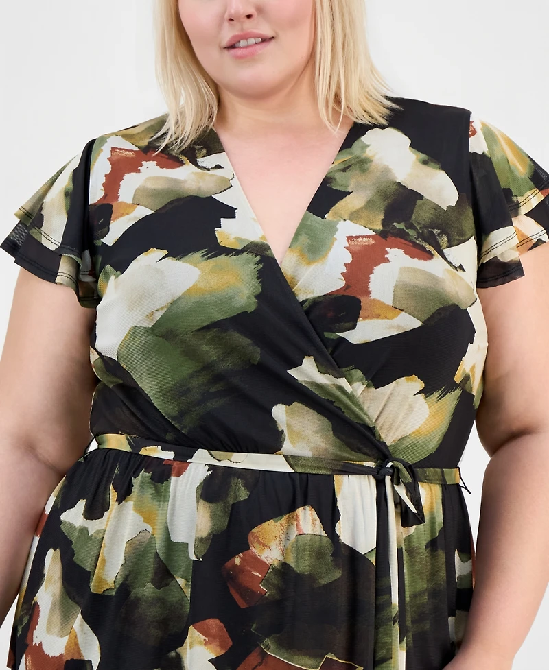 Anne Klein Plus Printed Tiered V-Neck Midi Dress