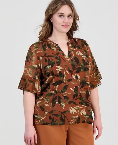 Anne Klein Essentials Plus Split-Neck Ruffled-Cuff Top