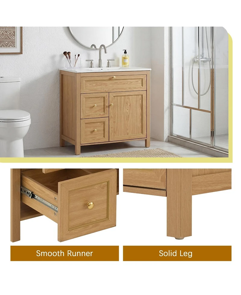 Sillysis 30 Inch Bathroom Vanity with Sink, Freestanding Wood Cabinet, Flip-Out and 2 Soft-Close Drawers