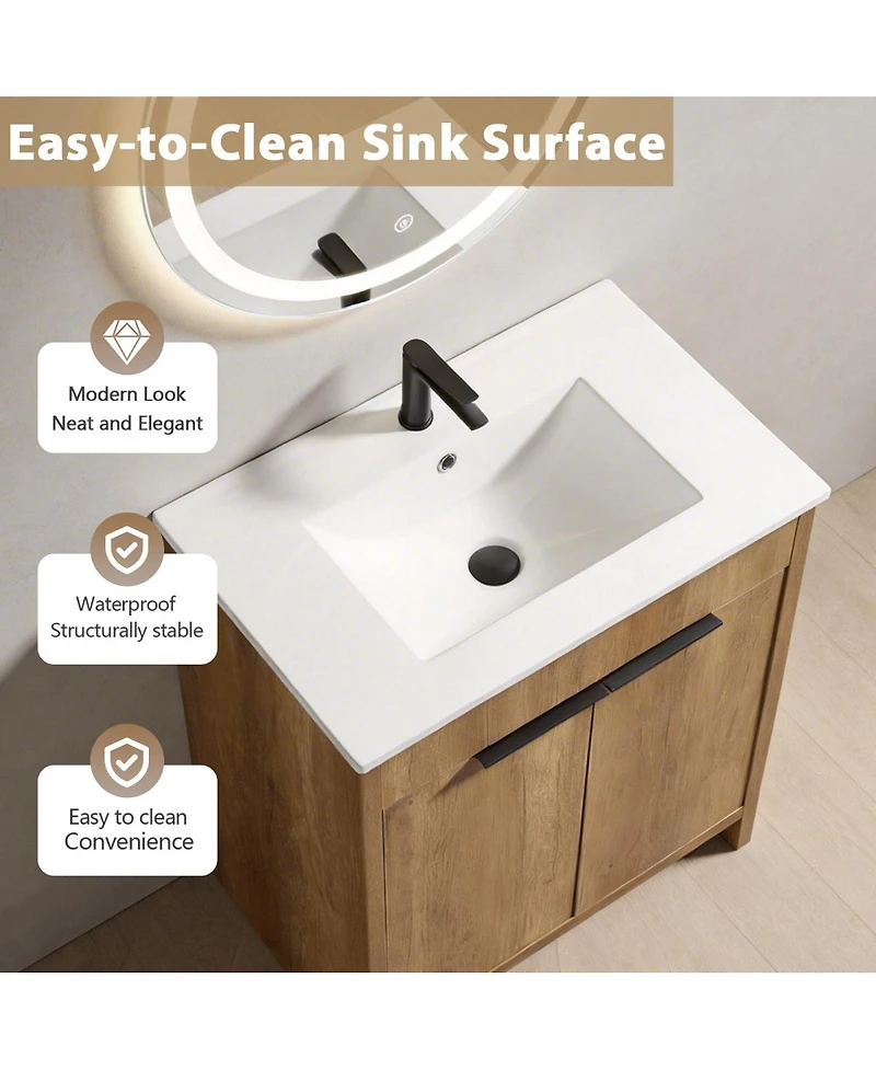 Sillysis 30 Inch Bathroom Vanity with Sink , Fluted 3D Panel Design, 2 Soft Close Drawers and Ceramic Top