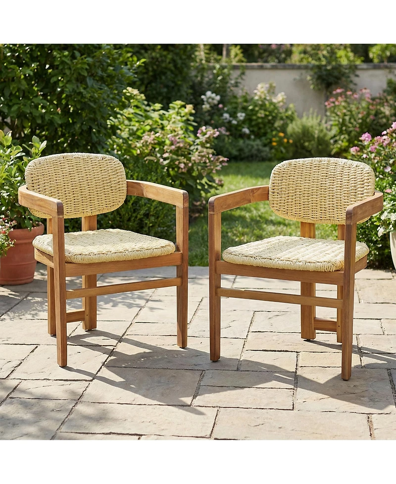 Rainsken Outdoor Woven Rattan Chair Set of 2, Comfortable Garden Seating, Acacia Wood Accent Chairs with Backrest for Backyard, Porch
