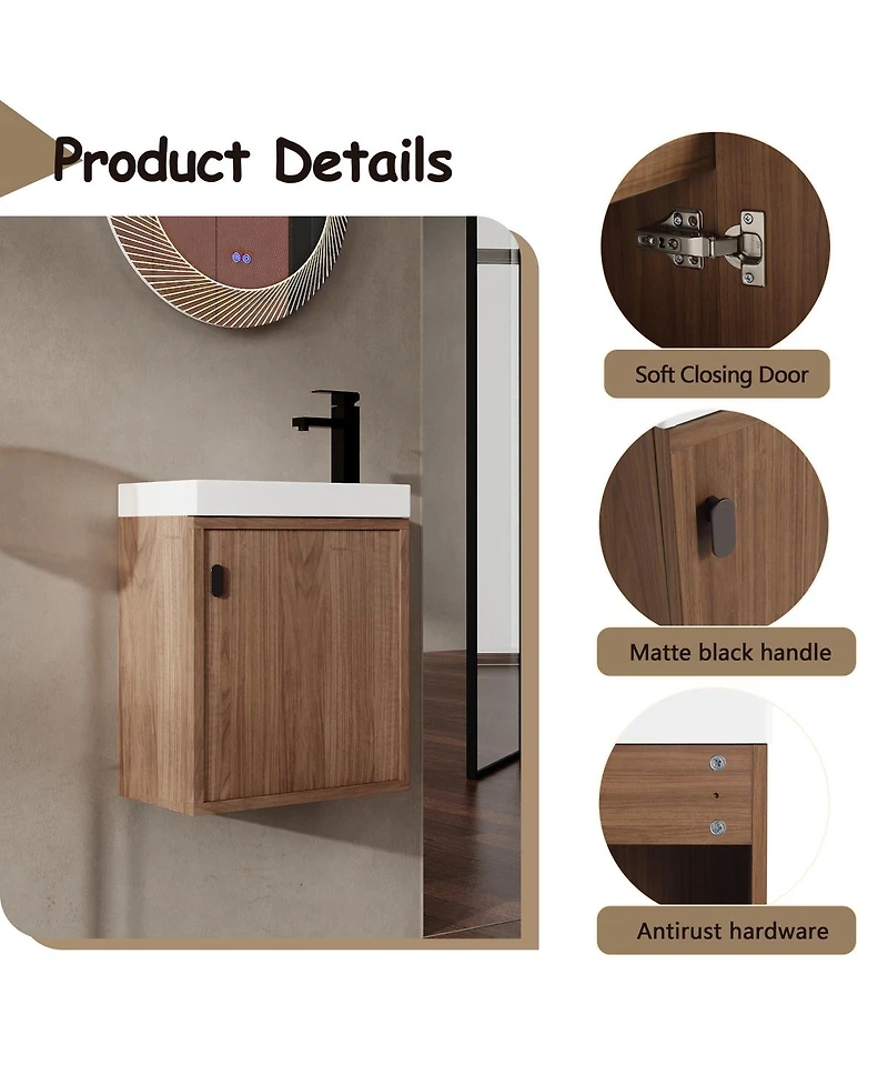Sillysis Wall Mounted Bathroom Vanity with Resin Sink, Modern Wood Cabinet and Soft Close Door, 18.5" Small Space Storage