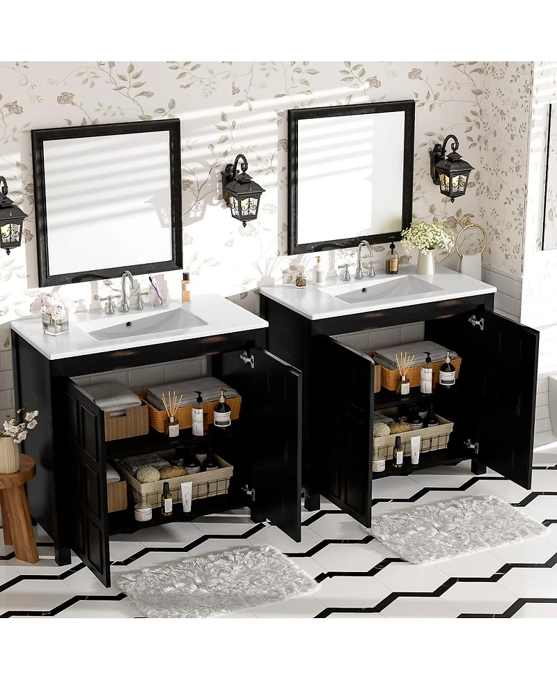 Sillysis 72 Inch Double Sink Bathroom Vanity, Solid Wood Frame, Espresso Distressed Finish, Soft Close Doors and Ceramic Top Storage Cabinet