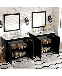 Sillysis 72 Inch Double Sink Bathroom Vanity, Solid Wood Frame, Espresso Distressed Finish, Soft Close Doors and Ceramic Top Storage Cabinet