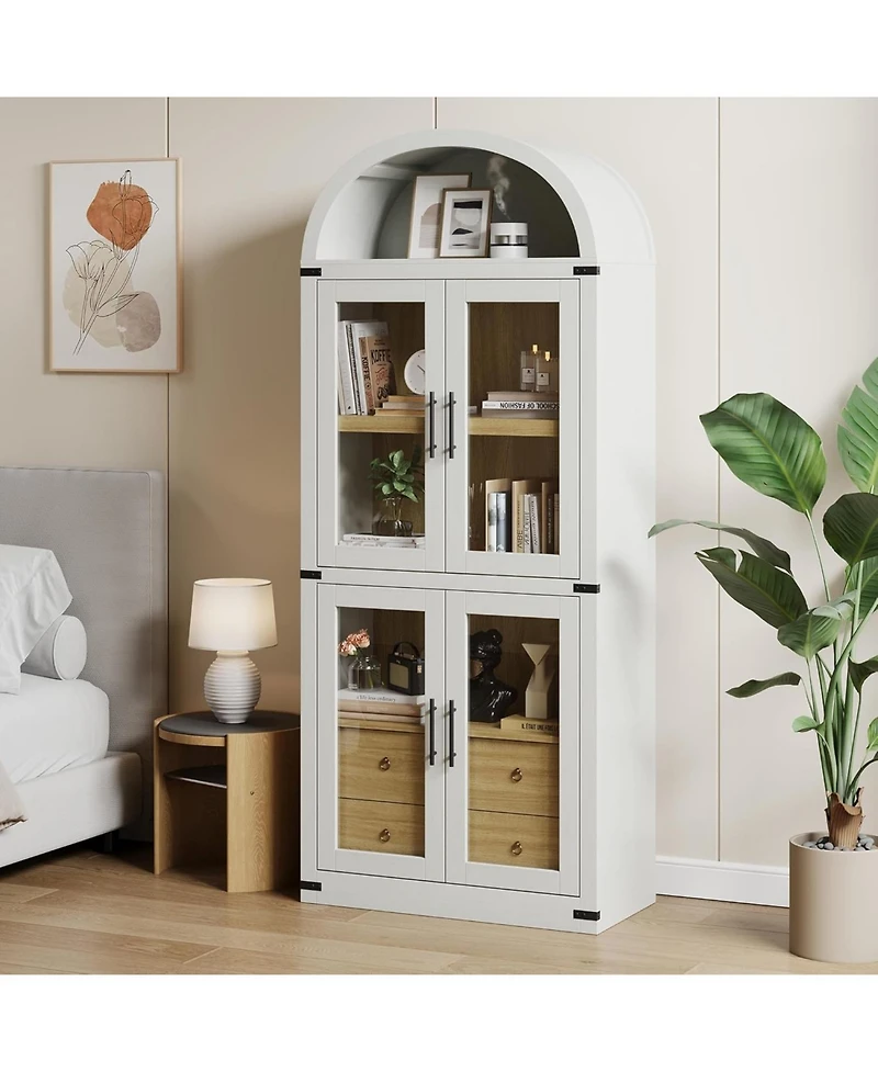 gaomon Arched Farmhouse Bookshelf with Glass Doors and Drawers, Display Cabinet with Metal Corners