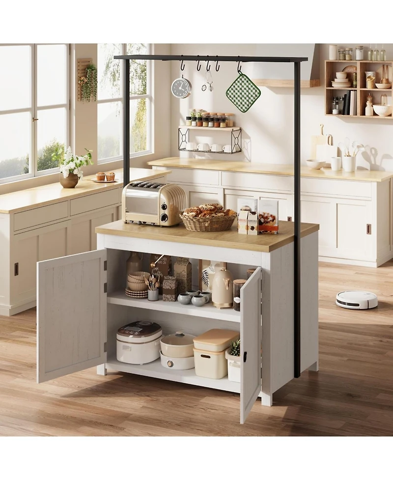 gaomon 42" Kitchen Island with Storage, 1.2" Countertop Heavy-Duty Multi-Functional Kitchen Cart with 2 Tier Shelves, 5 Hooks, Metal Coffee Bar Table