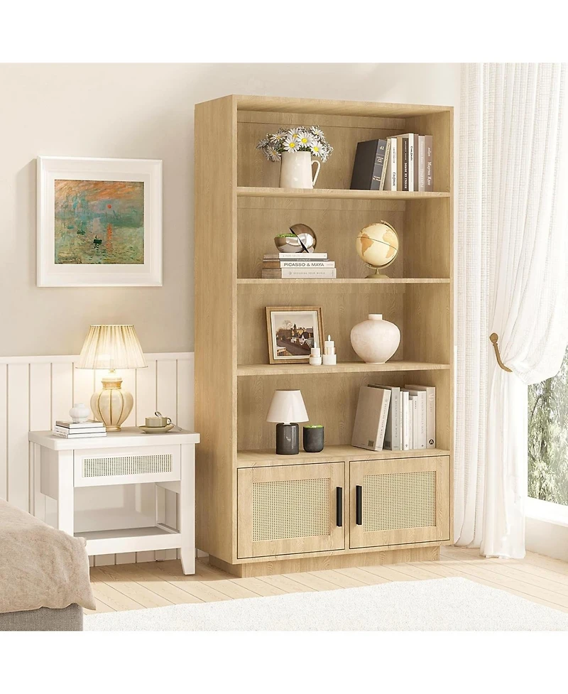 gaomon 5-Tier Wooden Bookcase with Rattan Doors, Tall Storage Bookshelf