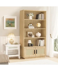 gaomon 5-Tier Wooden Bookcase with Rattan Doors, Tall Storage Bookshelf